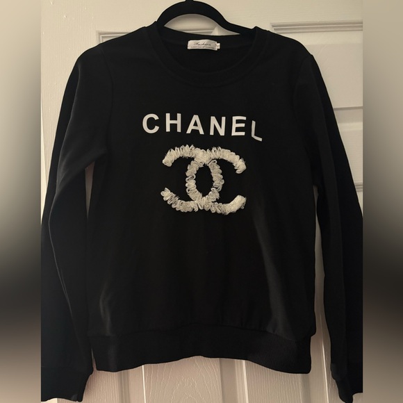 Classic Fashion Sweaters - Chanel logo Black Sweatshirt with White Logo
